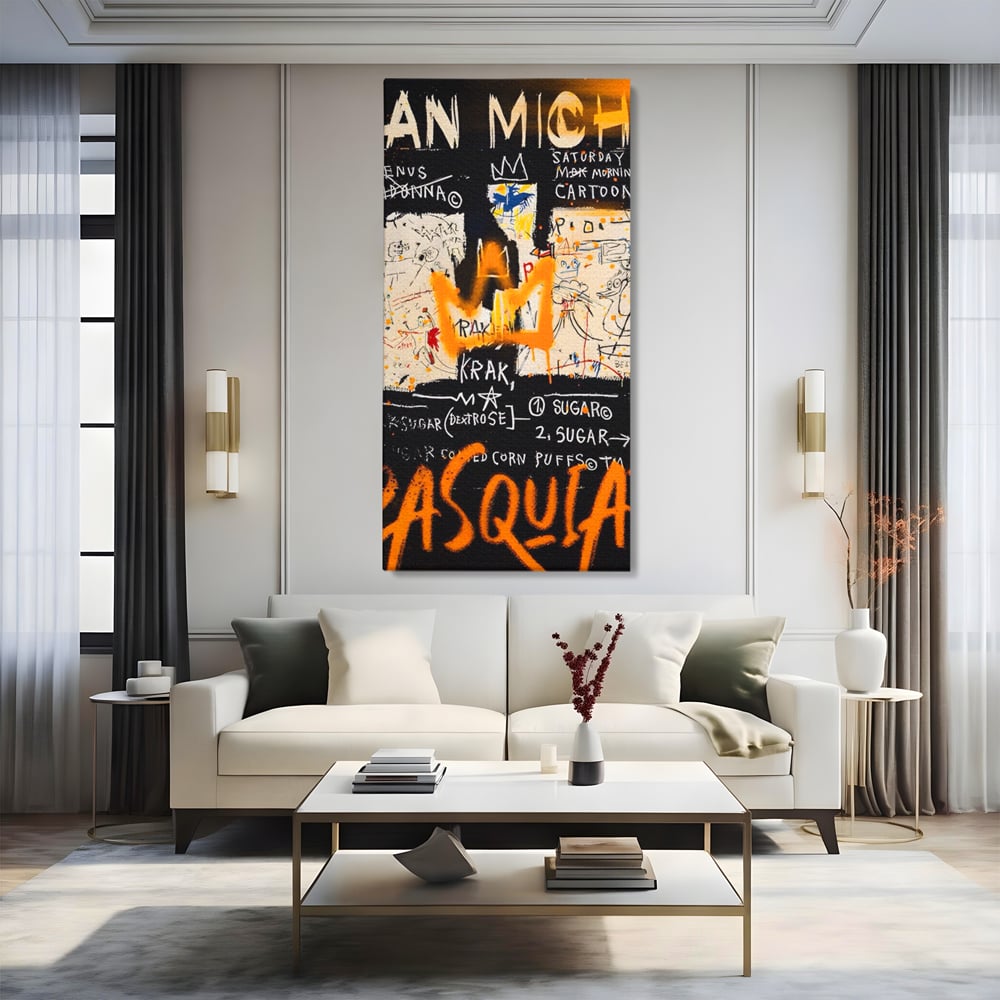 Tablou canvas cu tablou canvas cu arta graffiti jean-michel basquiat, fara rama, pe sasiu de lemn, pe perete intr-un living
